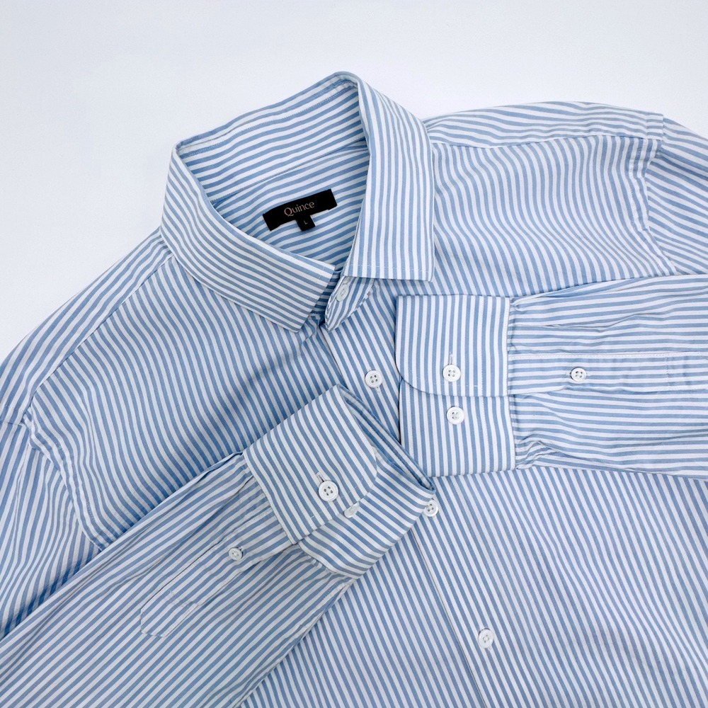 Quince Mens Organic Cotton Stretch Poplin Dress Shirt Light Blue Stripe L Slim